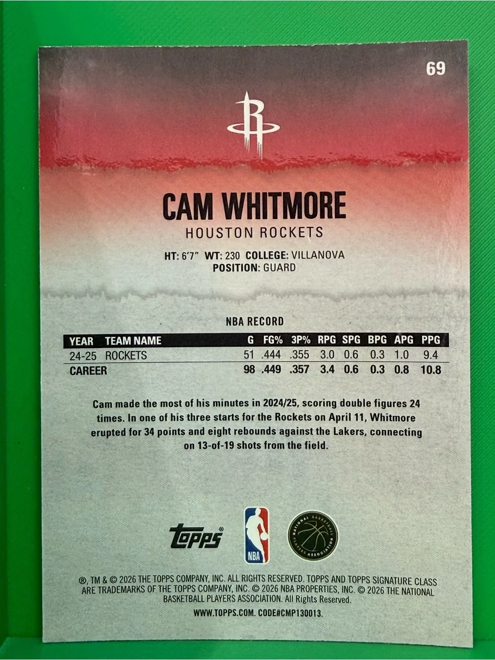 Topps Green Holo Cam Whitmore Round 1 Pick Basketball Card